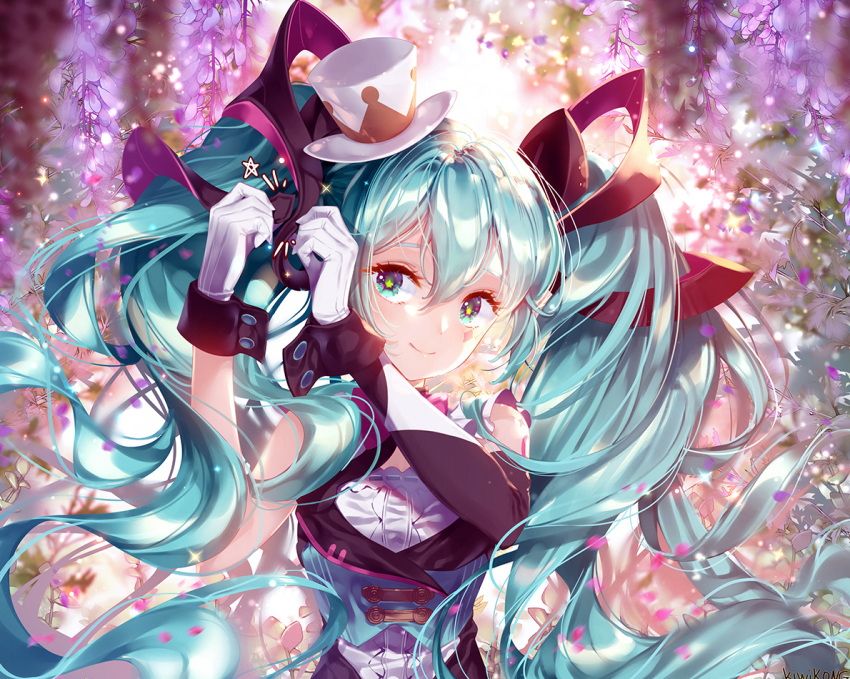 1girl asymmetrical_sleeves blue_eyes blue_hair detached_sleeves floating_hair flower gloves hair_between_eyes hair_ornament hat hatsune_miku kiwikong long_hair long_sleeves looking_at_viewer magical_mirai_(vocaloid) mini_hat purple_flower shiny shiny_hair single_sleeve smile solo upper_body very_long_hair vocaloid white_gloves white_headwear