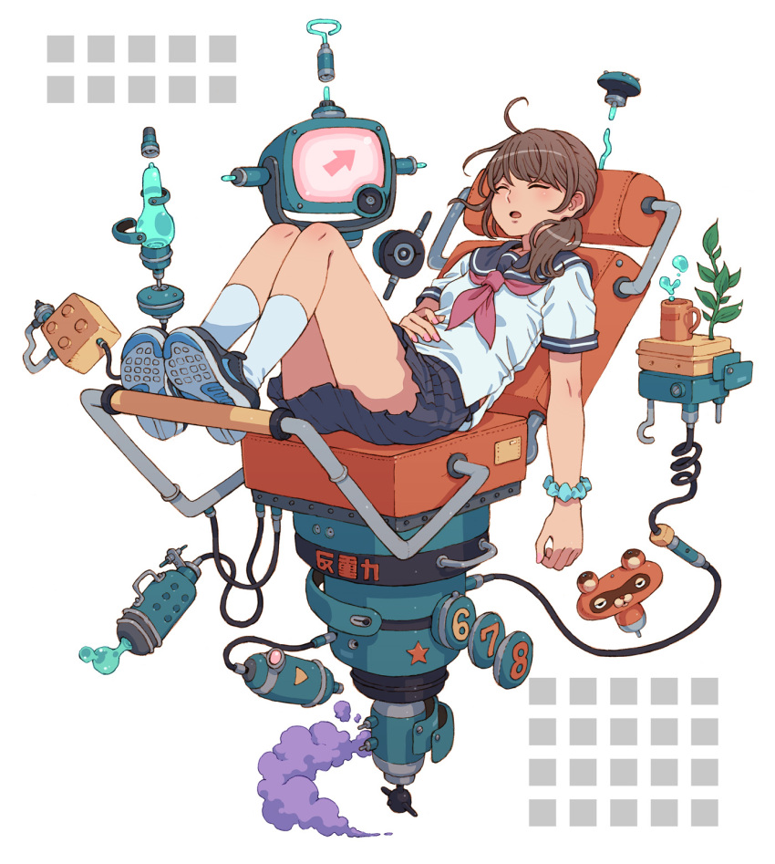 1girl brown_hair closed_eyes commentary cup floating floating_object highres machinery original ponytail reclining school_uniform science_fiction scrunchie serafuku shoe_soles shoes sleeping smoke sneakers solo tanuki_koubou translated white_background wrist_scrunchie