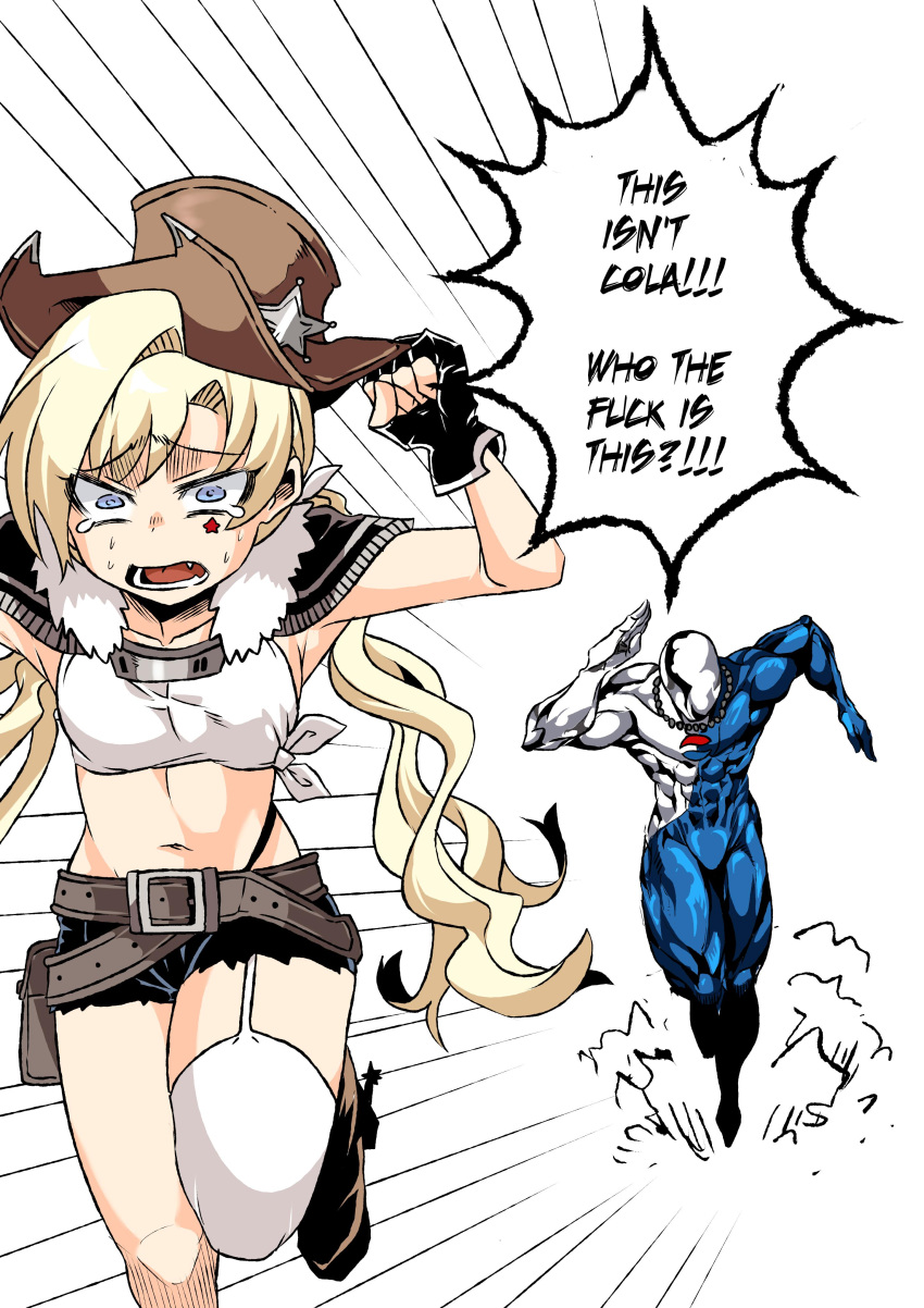 1boy 1girl absurdres blonde_hair blue_eyes colt_m1873_(girls_frontline) cowboy_hat crying crying_with_eyes_open english_text faceless fleeing girls_frontline haho hat highres navel pepsi pepsiman running speech_bubble superhero tears western