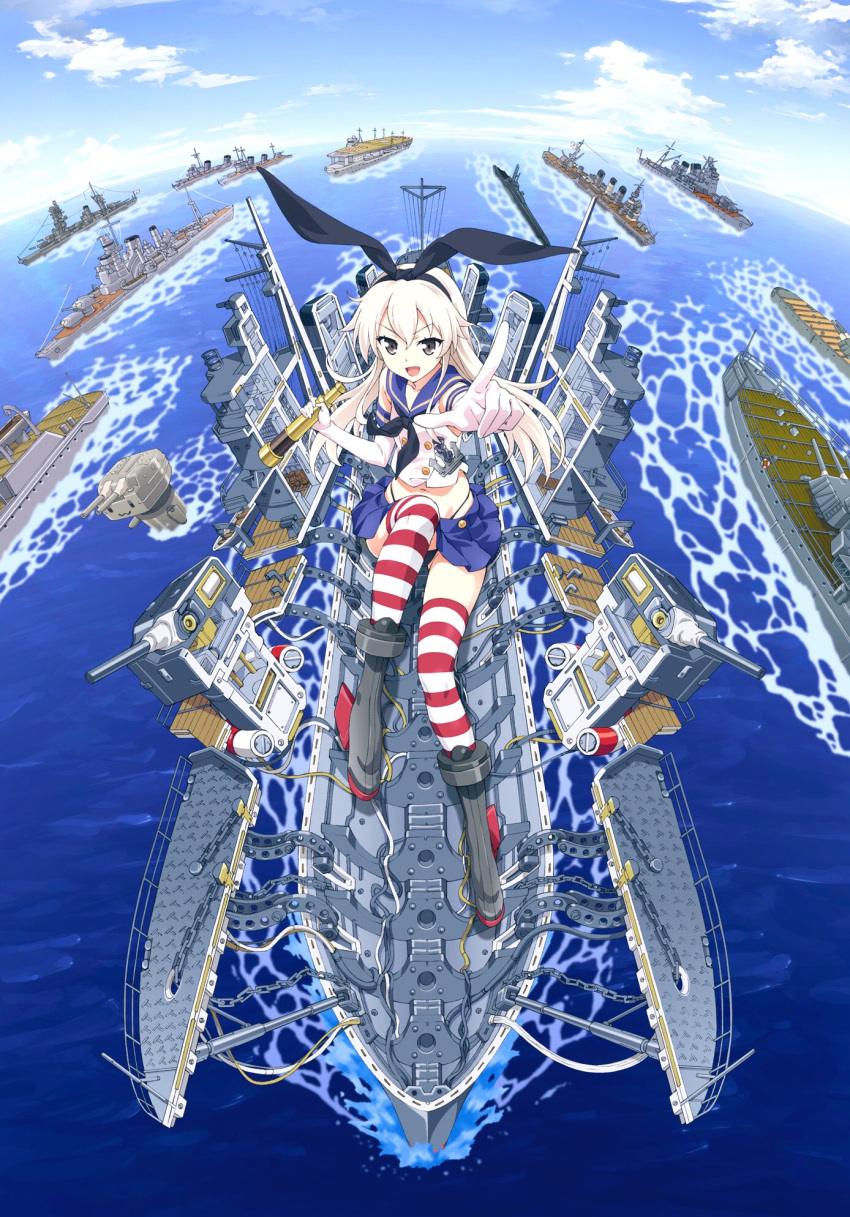 1girl anchor_hair_ornament bangs black_panties blue_skirt crop_top destroyer elbow_gloves gloves hair_ornament hair_ribbon hairband highleg highleg_panties highres kantai_collection long_hair looking_at_viewer microskirt military military_vehicle miniskirt ocean open_mouth panties pointing pointing_at_viewer ribbon sailor_collar school_uniform serafuku shimakaze_(kantai_collection) ship sidelocks skirt smile solo striped striped_legwear telescope thong underwear warship watanabe_yoshihiro watercraft white_gloves