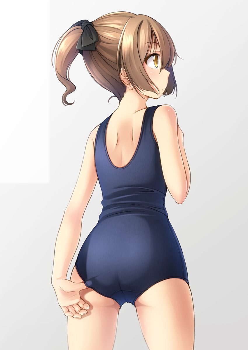 1girl adjusting_clothes adjusting_swimsuit ass bangs bare_arms bare_shoulders black_bow blue_swimsuit blush bow brown_eyes brown_hair closed_mouth commentary_request eyebrows_visible_through_hair grey_background hair_between_eyes hair_bow hand_up highres looking_away looking_to_the_side old_school_swimsuit one-piece_swimsuit original ponytail school_swimsuit shibacha sidelocks solo standing swimsuit two-tone_background white_background