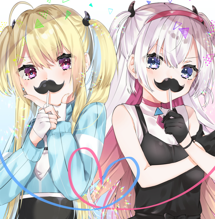 2girls abe_suke bangs bare_shoulders black_dress black_gloves black_skirt blue_eyes blue_jacket blush breasts character_request covered_collarbone cropped_jacket dress eyebrows_visible_through_hair fake_facial_hair fake_mustache fingerless_gloves fingernails gloves hair_between_eyes hairband half_gloves hand_on_own_chin heart highres holding horns jacket long_sleeves multiple_girls musubime_yui pink_hairband saikyou_virtual_talent_audition shirt silver_hair skirt sleeveless sleeveless_dress small_breasts two_side_up upper_body violet_eyes virtual_youtuber white_gloves white_shirt