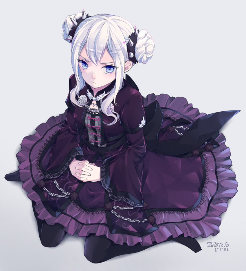 1girl blue_eyes breasts chain dated dong_bai double_bun dress frills frown full_body grey_background hair_bun highres long_sleeves looking_at_viewer purple_dress saki_(hxaxcxk) sangoku_musou sitting wariza