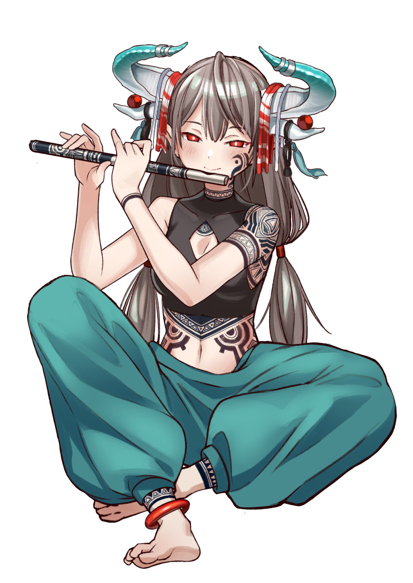 1girl absurdres anklet baggy_pants bare_shoulders barefoot bright_pupils brown_hair cleavage_cutout commentary_request flute full_body full_body_tattoo hair_between_eyes half-closed_eyes highres horn_ornament horns instrument jewelry long_hair midriff music original pants playing_instrument pointy_ears red_eyes sarukichi sitting smile solo tattoo white_background white_pupils