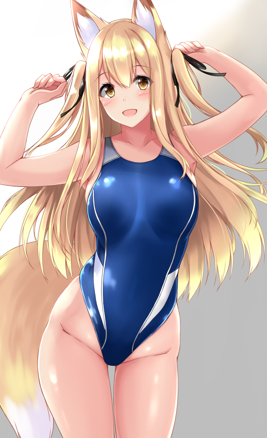 1girl :d animal_ears armpits arms_up bare_arms bare_shoulders black_ribbon blonde_hair blue_swimsuit blush breasts collarbone commentary_request competition_swimsuit cowboy_shot fox_ears fox_girl fox_tail gradient gradient_background groin hair_ribbon highres large_breasts long_hair looking_at_viewer one-piece_swimsuit open_mouth original ribbon smile sogaya solo standing swimsuit tail thighs two_side_up yellow_eyes