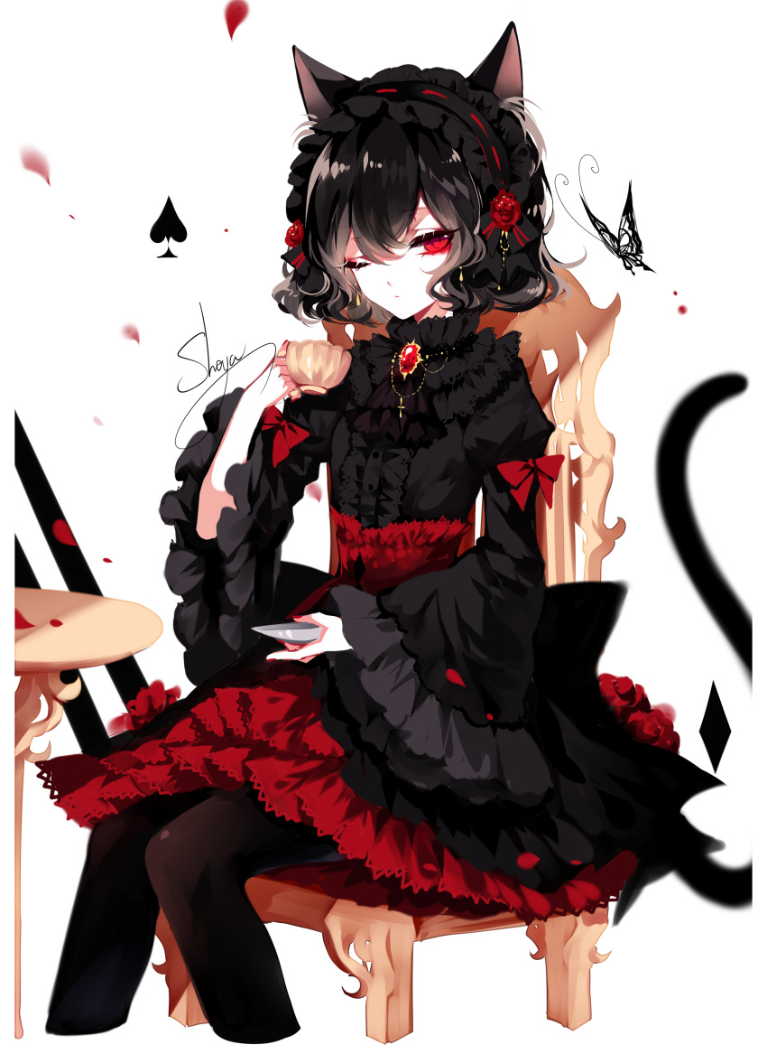 1girl absurdres animal_ear_fluff animal_ears artist_name bangs black_hair black_hairband black_legwear black_shirt bow brooch bug butterfly cat_ears cat_tail chair cropped_legs cup earrings eyebrows_visible_through_hair eyelashes flower frilled_sleeves frills gothic_lolita hair_between_eyes hairband hand_up high-waist_skirt highres holding holding_cup insect jewelry juliet_sleeves lolita_fashion lolita_hairband long_sleeves looking_at_viewer nail_polish one_eye_closed original pantyhose petals petticoat puffy_sleeves red_bow red_eyes red_flower red_nails red_rose red_skirt revision rose rose_petals sheya shirt short_hair signature simple_background sitting skirt solo spade_(shape) table tail teacup white_background wide_sleeves