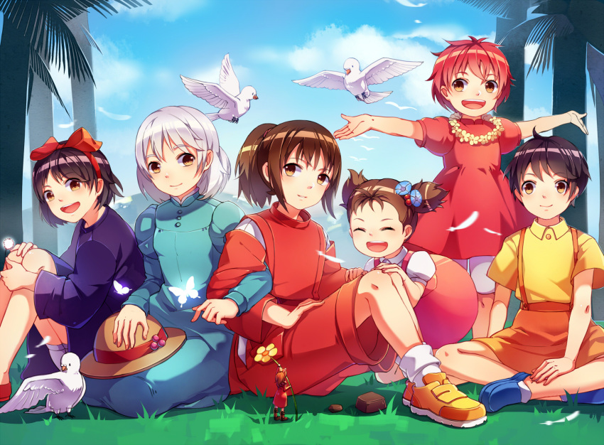 arrietty bird black_hair blue_eyes brown_hair child commentary_request company_connection crossover dress everyone flower gake_no_ue_no_ponyo hairband happy highres howl_no_ugoku_shiro karigurashi_no_arrietty kiki kusakabe_mei kusakabe_satsuki long_hair majo_no_takkyuubin multiple_girls no_socks ogino_chihiro ponyo ponytail redhead sen_to_chihiro_no_kamikakushi shirajira_(pixiv7181724) short_hair skirt sky smile sophie_hatter studio_ghibli tied_hair tonari_no_totoro twintails white_bird white_hair