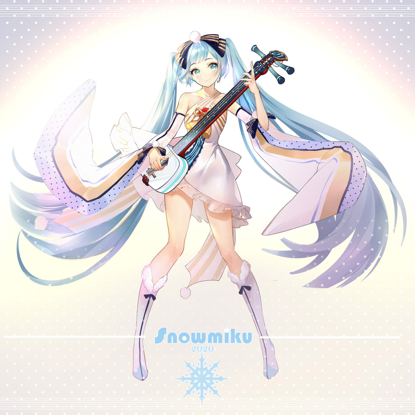 1girl 2020 blue_eyes blue_hair boots character_name collarbone detached_sleeves dress floating_hair frilled_dress frills full_body fur_boots hatsune_miku head_tilt highres holding holding_instrument instrument knee_boots long_hair long_sleeves looking_at_viewer orry short_dress sleeveless sleeveless_dress smile solo standing very_long_hair vocaloid white_dress white_footwear white_sleeves wide_sleeves yuki_miku
