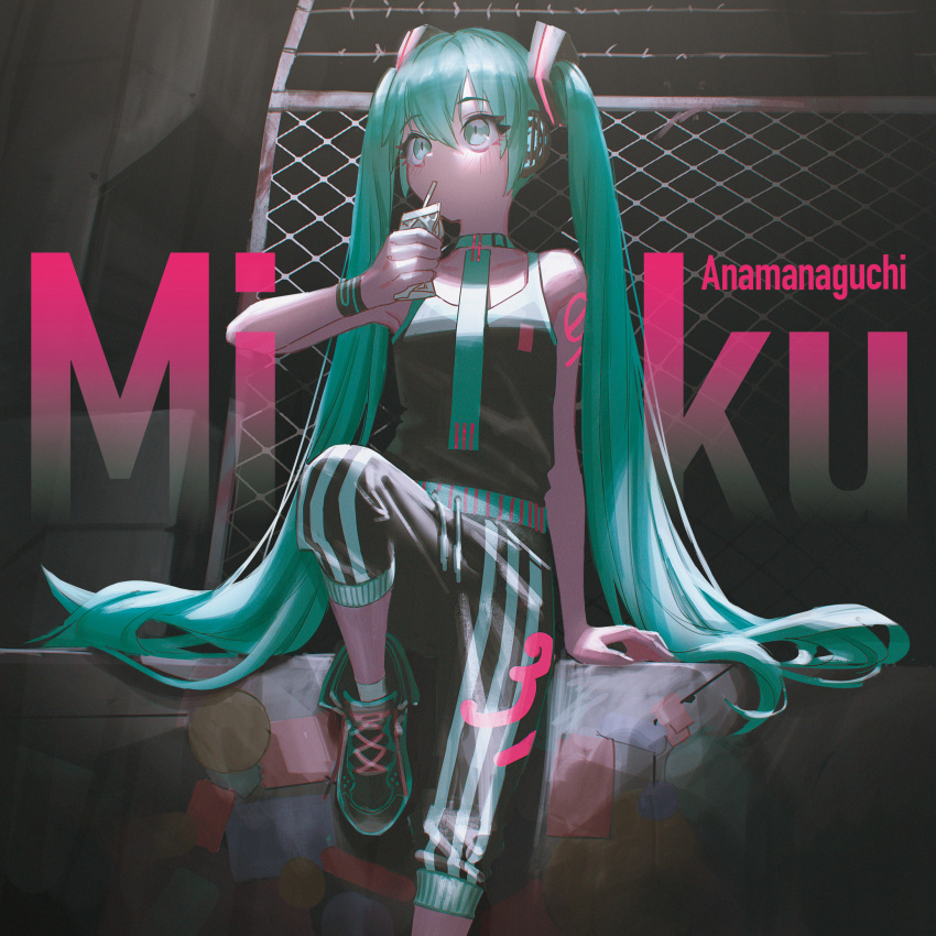 1girl alternate_costume anamanaguchi_(band) barbed_wire chain-link_fence character_name drinking fence green_eyes green_hair hair_between_eyes hatsune_miku headphones highres long_hair necktie pants reoen sitting solo striped tank_top twintails vertical-striped_pants vertical_stripes very_long_hair vocaloid