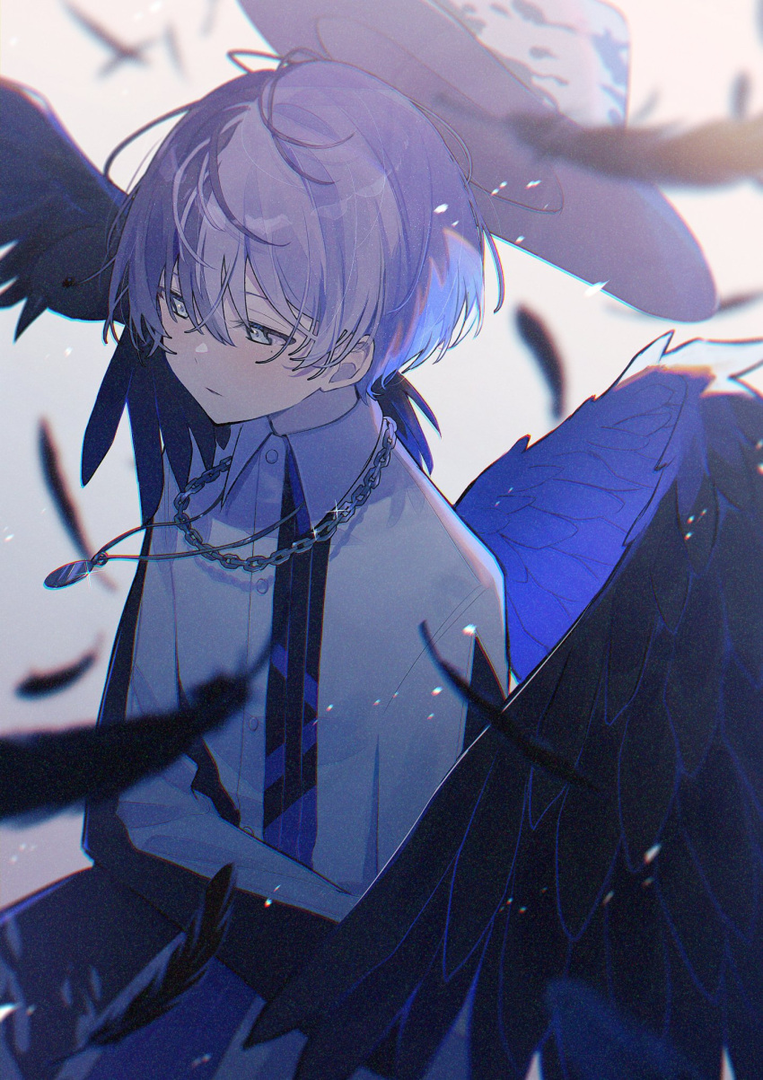 1boy aoyagi_touya black_feathers black_wings blue_eyes blue_hair buttons chain_necklace closed_mouth collared_shirt commentary_request dark_blue_hair dress_shirt feathered_wings feathers hat highres jewelry jishio long_sleeves male_focus mole mole_under_eye multicolored_hair necklace official_alternate_costume project_sekai shirt short_hair solo split-color_hair two-tone_hair upper_body utsuro_wo_aogu_(vocaloid) walk_on_and_on_(project_sekai) wings