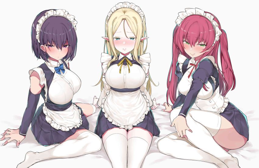 3girls absurdres apron arm_support ass bangs black_hair blonde_hair blue_eyes blush bow bowtie breasts closed_mouth crossed_bangs detached_sleeves elf eyebrows_visible_through_hair frills green_eyes grey_background hair_between_eyes half-closed_eyes highres large_breasts lips long_hair long_sleeves looking_at_viewer maid maid_apron maid_headdress mitsudoue multiple_girls neck_ribbon original panties parted_bangs pleated_skirt pointy_ears puffy_sleeves redhead ribbon short_hair sidelocks simple_background sitting skirt thigh-highs twintails underwear violet_eyes wariza white_legwear white_panties zettai_ryouiki