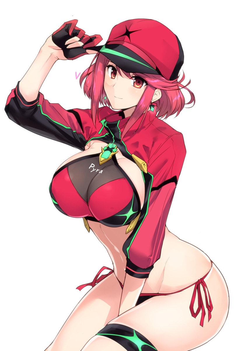 1girl absurdres adapted_costume artoria_pendragon_(all) baseball_cap between_legs breasts character_name cosplay cropped_jacket gloves hand_between_legs hand_on_headwear harukon_(halcon) hat highres pyra_(xenoblade) large_breasts looking_at_viewer mysterious_heroine_xx_(foreigner) mysterious_heroine_xx_(foreigner)_(cosplay) panties partly_fingerless_gloves pink_bikini_bottom pink_gloves pink_hair pink_headwear red_eyes see-through short_hair shrug_(clothing) side-tie_panties sidelocks simple_background smile solo swimsuit thigh_strap underwear white_background xenoblade_(series) xenoblade_2