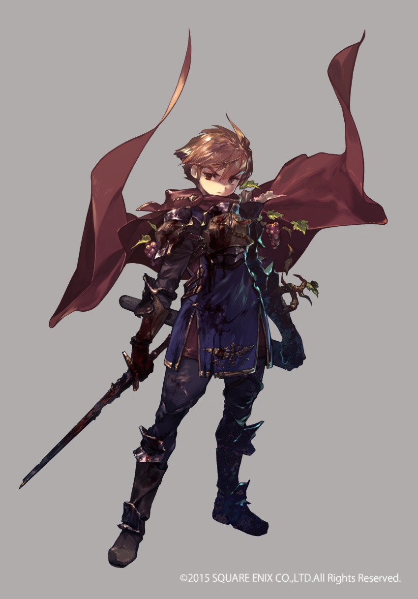 1boy armor blonde_hair blood bloody_clothes bloody_weapon boots broken broken_sword broken_weapon brown_footwear brown_gloves cape english_text food frown fruit gloves grapes graphite_(medium) highres holding holding_sword holding_weapon jikan_hakushaku live_a_live male_focus pauldrons plant red_cape red_eyes scabbard scratches sheath solo sword traditional_media vines weapon