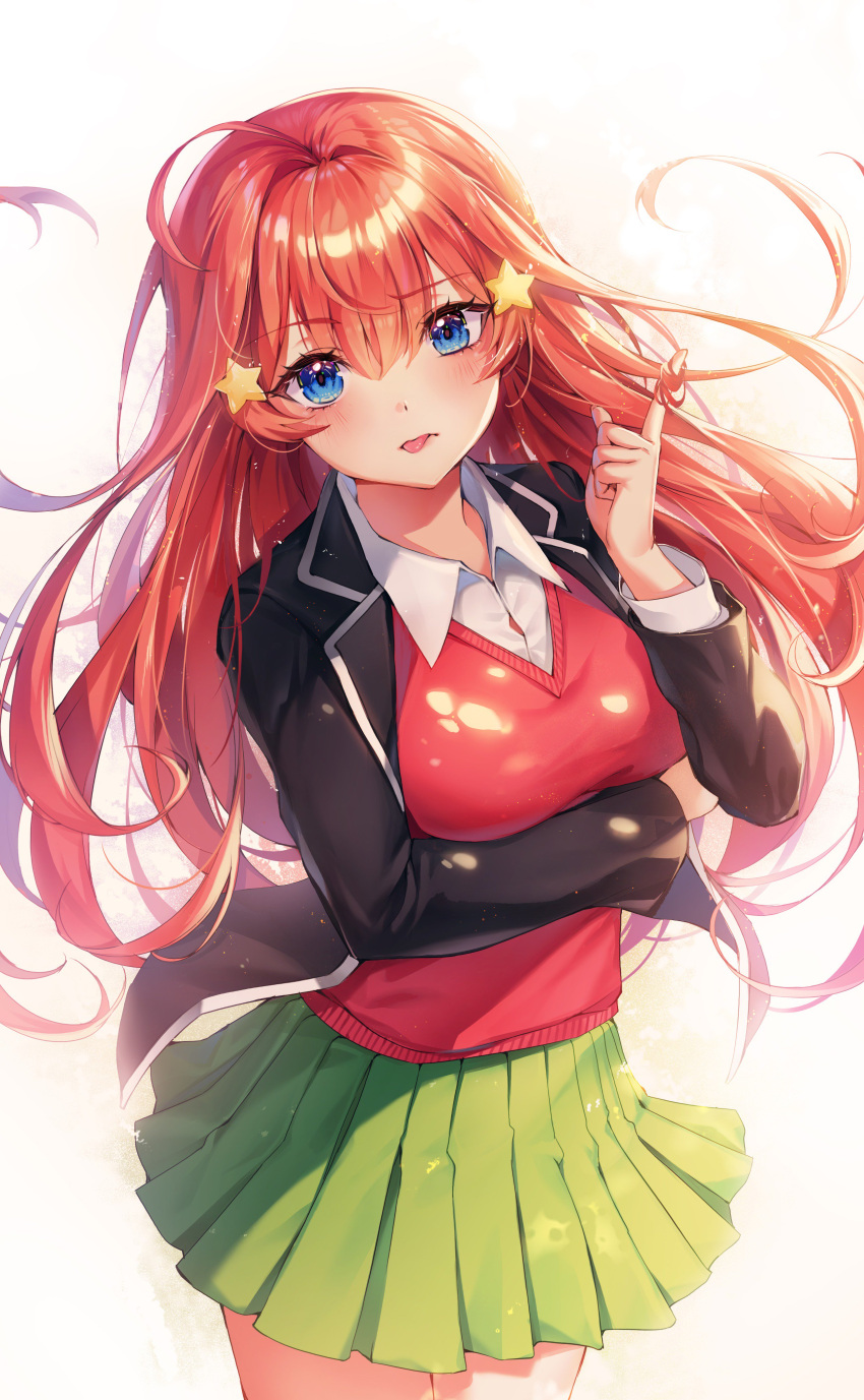 1girl absurdres ahoge bangs black_jacket blazer blue_eyes blush breast_hold breasts collared_shirt cowboy_shot floating_hair go-toubun_no_hanayome green_skirt hair_between_eyes hair_ornament hair_twirling hand_up highres jacket large_breasts long_hair long_sleeves looking_at_viewer miniskirt nakano_itsuki open_clothes open_jacket pleated_skirt red_sweater redhead school_uniform shirt skirt solo standing star star_hair_ornament sweater tongue tongue_out ttosom white_shirt wing_collar