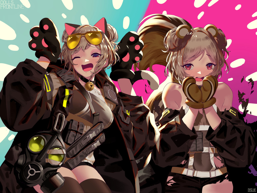 2girls absurdres animal_ears bsue cat_ears cat_paws cat_tail commentary_request dual_persona english_text eyewear_on_head gas_mask girls_frontline highres huge_filesize multiple_girls one_eye_closed p90_(girls_frontline) paws squirrel_ears squirrel_tail sunglasses tail thigh-highs torn_clothes