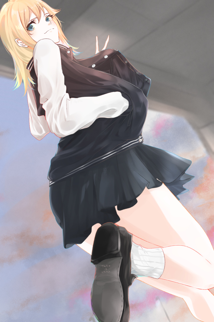 1girl black_footwear black_jacket black_skirt blonde_hair breasts chromatic_aberration closed_mouth commentary_request day highres jacket looking_at_viewer matsunaga777 medium_breasts original pleated_skirt raglan_sleeves skirt socks solo standing sunlight v white_legwear white_sleeves yukkuri_shiteitte_ne