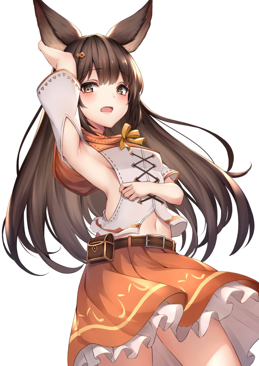 1girl animal_ears arm_up armpits aster_(granblue_fantasy) bag bangs belt belt_buckle blush breasts brown_belt brown_eyes brown_hair brown_skirt buckle commentary_request erune eyebrows_visible_through_hair granblue_fantasy hair_between_eyes hair_ornament hairclip highres long_hair looking_at_viewer navel open_mouth satchel shirt short_sleeves side_cutout sidelocks simple_background skirt small_breasts solo very_long_hair white_background white_shirt ym_(distance819)