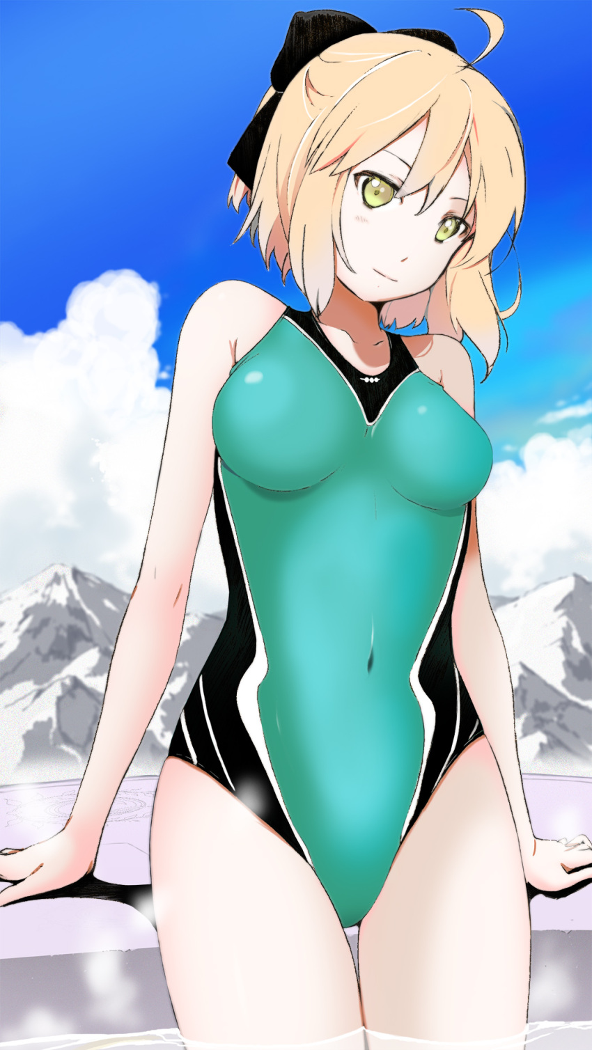 1girl ahoge aqua_swimsuit arm_support black_bow blonde_hair blue_background bow breasts breasts_apart closed_mouth clouds collarbone competition_swimsuit covered_navel cowboy_shot day fate/grand_order fate_(series) hair_between_eyes hair_bow head_tilt highres looking_at_viewer okita_souji_(fate) okita_souji_(fate)_(all) one-piece_swimsuit outdoors short_hair solo swimsuit thigh_gap wading yellow_eyes yoshinaga_yunosuke