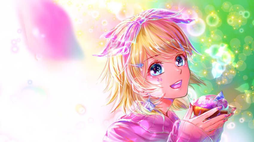 1girl :d bangs blonde_hair blue_eyes bow cherry_blossoms eyebrows_visible_through_hair hair_bow kagamine_rin long_sleeves looking_at_viewer nail_polish office_lady open_mouth pink_bow pink_nails pink_shirt portrait shigemu_room shirt short_hair smile swept_bangs vocaloid white_background