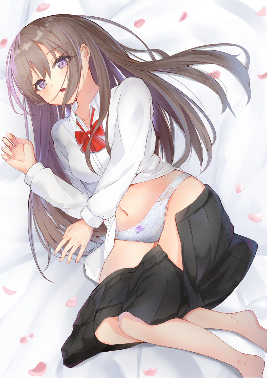 1girl bangs barefoot bed_sheet black_skirt bow bow_panties brown_hair dress_shirt eyebrows_visible_through_hair fingernails hair_between_eyes highres hikashou long_hair long_sleeves looking_at_viewer lying navel on_side open_clothes open_skirt original panties parted_lips petals pleated_skirt red_bow revision shirt skirt skirt_pull solo underwear very_long_hair violet_eyes white_panties white_shirt