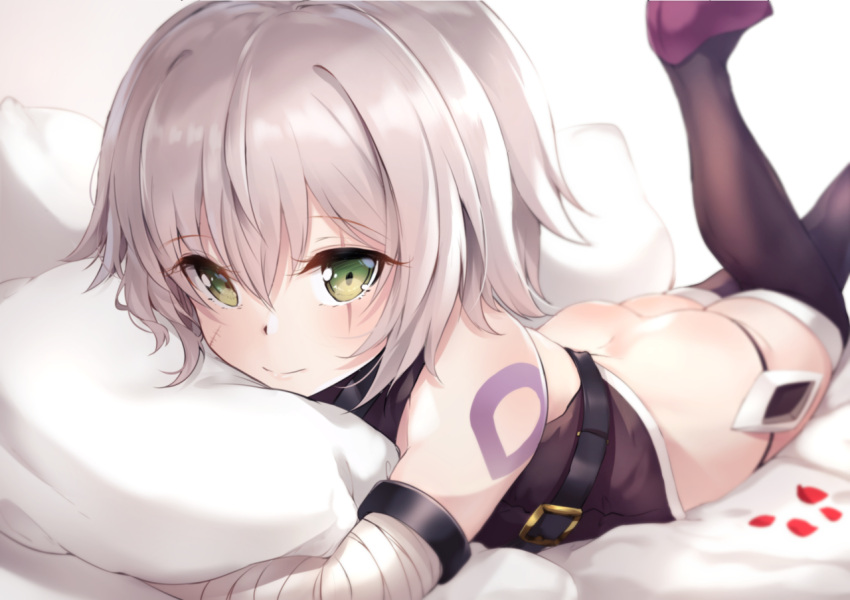 1girl ass bandaged_arm bandages bangs bare_shoulders bed_sheet black_footwear black_legwear black_panties black_shirt blurry blurry_background boots closed_mouth commentary depth_of_field eyebrows_visible_through_hair facial_scar fate/apocrypha fate/grand_order fate_(series) green_eyes grey_hair hair_between_eyes jack_the_ripper_(fate/apocrypha) legs_up looking_at_viewer lowleg lowleg_panties lying nakatokung on_stomach panties petals pillow pillow_hug revision scar scar_across_eye scar_on_cheek shirt shoulder_tattoo sleeveless sleeveless_shirt smile solo tattoo thigh-highs thigh_boots underwear