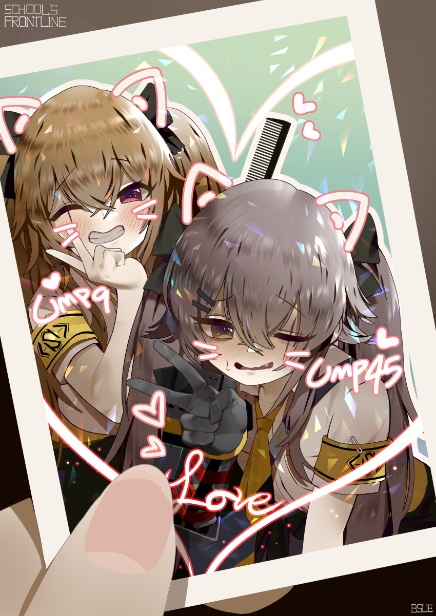 2girls 404_logo_(girls_frontline) absurdres animal_ears armband bsue cat_ears commentary_request english_text girls_frontline gloves highres multiple_girls one_eye_closed photo scar scar_across_eye school_uniform siblings sisters twins twintails ump45_(girls_frontline) ump9_(girls_frontline) uniform v