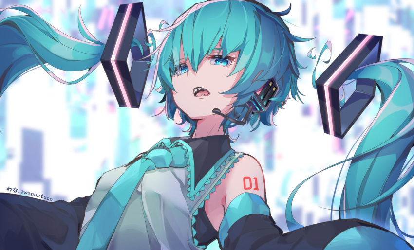 1girl alternate_hairstyle aqua_eyes aqua_hair bare_shoulders commentary detached_hair detached_sleeves hair_ornament hatsune_miku headset highres long_hair looking_at_viewer looking_down necktie open_mouth outstretched_arms sharp_teeth shirt short_hair shoulder_tattoo sleeveless sleeveless_shirt sleeves_past_wrists solo tattoo teeth twintails upper_body very_long_hair vocaloid wanaxtuco
