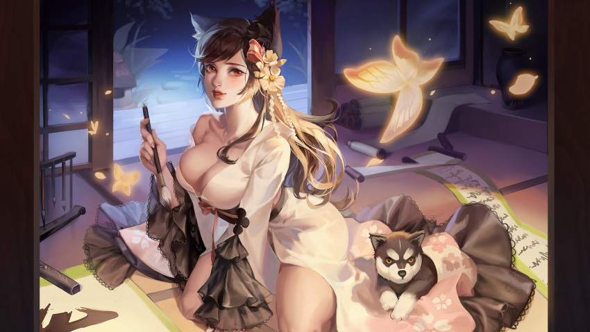 1girl atago_(azur_lane) azur_lane breasts brown_hair bug butterfly calligraphy_brush dog flower hair_flower hair_ornament hair_ribbon highres indoors insect japanese_clothes large_breasts lips long_hair long_sleeves looking_at_viewer paintbrush puppy red_eyes red_lips ribbon scroll shira solo vase
