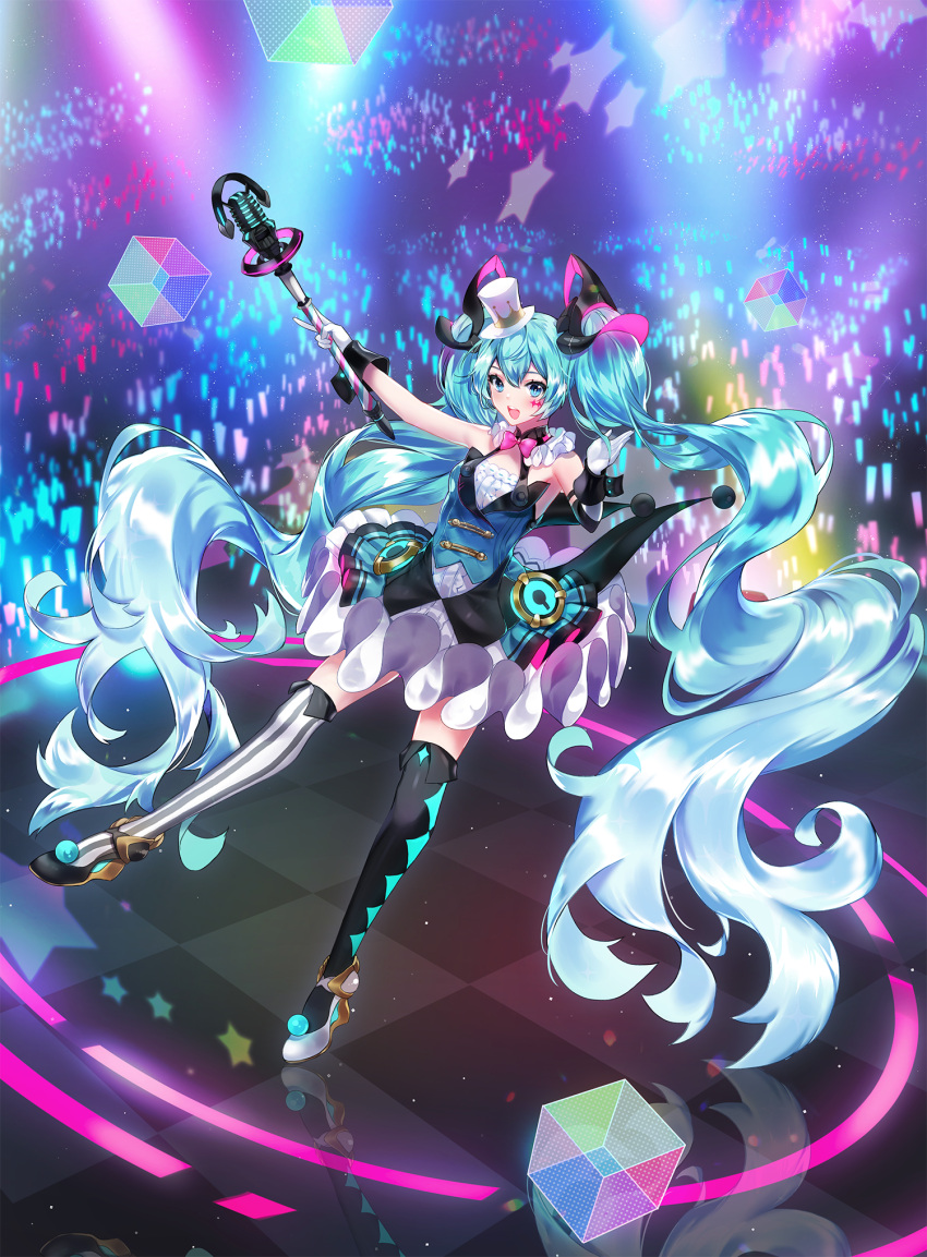 absurdly_long_hair asymmetrical_legwear asymmetrical_sleeves audience black_legwear blue_eyes blue_hair bow detached_sleeves floating_hair hair_ornament hat hatsune_miku highres kimpeul long_hair long_sleeves miniskirt pink_bow shiny shiny_hair single_sleeve skirt solo_focus stage striped striped_legwear thigh-highs vertical-striped_legwear vertical_stripes very_long_hair vocaloid white_headwear white_skirt