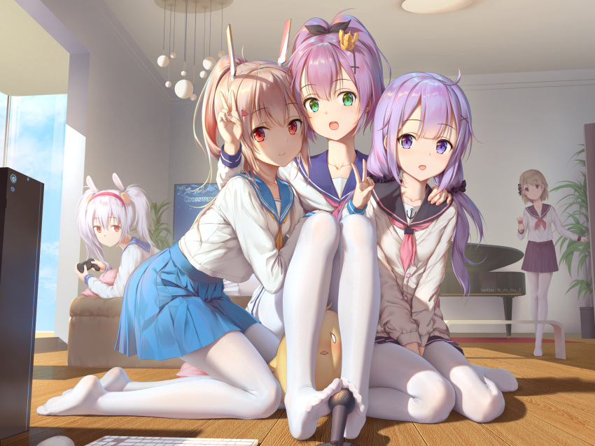 5girls :d :o ahoge alternate_costume anchor_print animal ayanami_(azur_lane) azur_lane bird black_ribbon black_sailor_collar blue_sailor_collar blue_skirt blue_sky brown_hair buttons chick collarbone commentary_request computer couch day feet grand_piano green_eyes hair_ornament hair_ribbon hair_scrunchie hand_on_another's_shoulder hand_up headgear highres holding indoors instrument javelin_(azur_lane) keyboard_(computer) kneeling knees_up laffey_(azur_lane) long_hair long_sleeves looking_at_viewer low_twintails manjuu_(azur_lane) microphone miniskirt multiple_girls neckerchief no_shoes on_couch open_mouth pantyhose piano pink_neckwear plant playstation_controller pleated_skirt ponytail potted_plant purple_hair red_eyes red_neckwear ribbon sailor_collar school_uniform scrunchie serafuku shadow shirt short_hair sidelocks silver_hair sitting skirt sky smile standing sunlight television toes tokinohimitsu twintails unicorn_(azur_lane) v v_arms violet_eyes wariza white_cardigan white_legwear white_shirt window yellow_neckwear z23_(azur_lane)