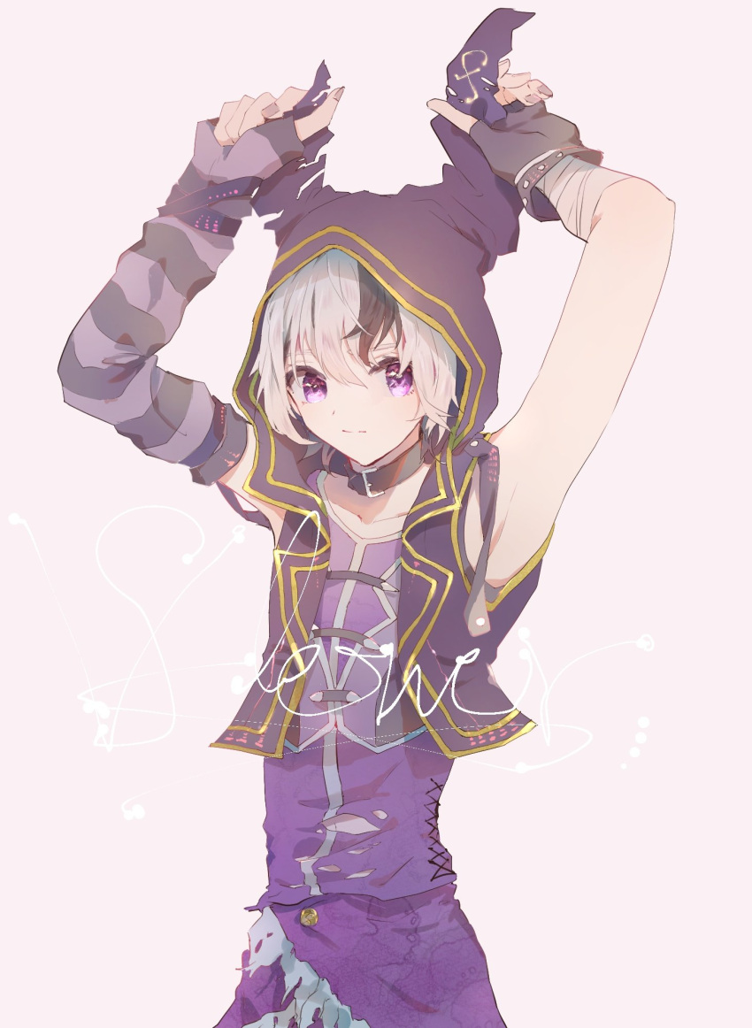 1girl arm_warmers armpits arms_up asymmetrical_sleeves bandaged_arm bandages bangs character_name collarbone fingerless_gloves flower_(vocaloid) gloves hands_up highres holding_hoodie hood hooded_jacket jacket karanagare_4 looking_at_viewer multicolored_hair nail_polish purple_hair shirt short_hair sleeveless sleeveless_jacket sleeveless_shirt sleeves_past_wrists solo streaked_hair upper_body v_flower_(vocaloid4) violet_eyes vocaloid white_hair