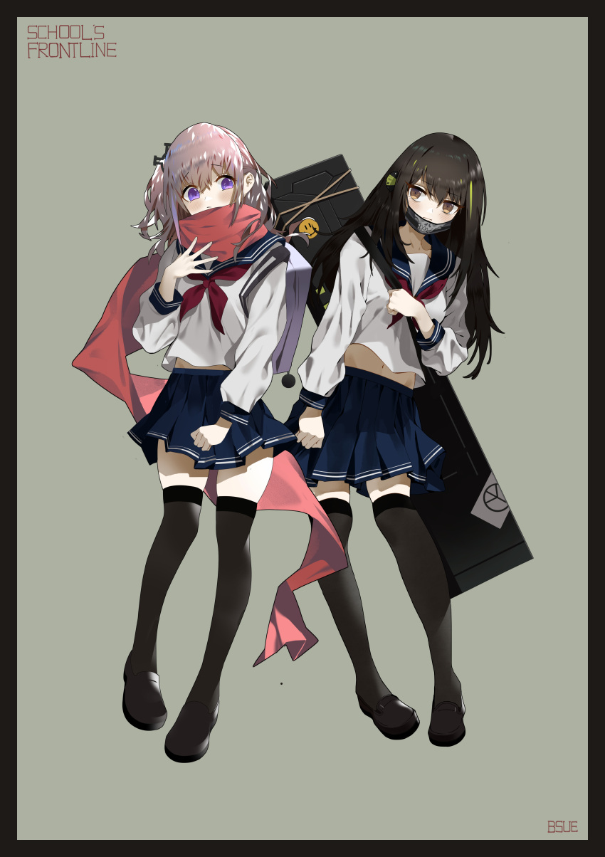 2girls absurdres bsue commentary_request english_text face_mask girls_frontline gun_case highres m4a1_(girls_frontline) mask multiple_girls scarf school_uniform serafuku shoes st_ar-15_(girls_frontline) thigh-highs