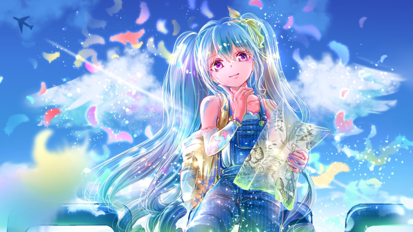 1girl blue_hair blue_sky clouds collarbone day eyebrows_visible_through_hair floating_hair hair_between_eyes hatsune_miku head_tilt holding holding_map index_finger_raised long_hair looking_at_viewer map outdoors overalls shigemu_room sitting sky smile solo twintails very_long_hair violet_eyes vocaloid wings