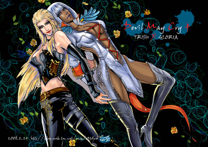 boots breasts cleavage dark_skin devil_may_cry devil_may_cry_4 gloria hand_holding leather sideboob thigh-highs thigh_boots thighhighs trish white_hair