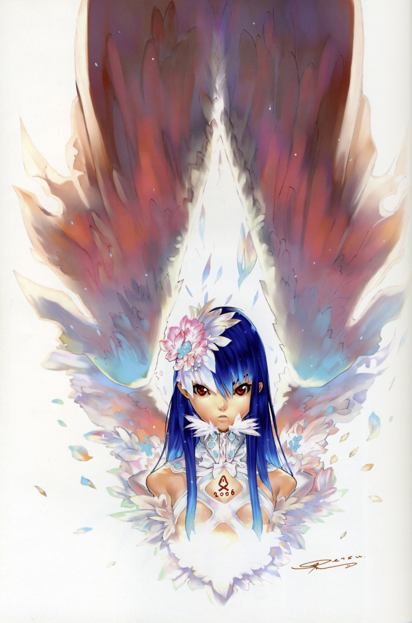 angel blue_hair feathers flower hakua_ugetsu highres long_hair red_eyes scan ugetsu_hakua wings