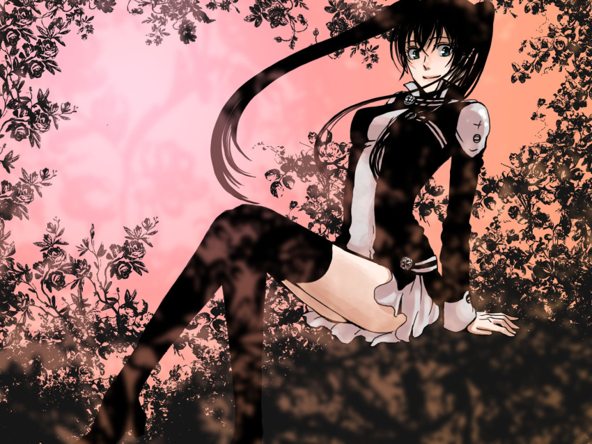 1600x1200 1girl arched_back arm_support bangs black_hair black_legwear black_order_uniform black_thighhighs closed_mouth d.gray-man female green_eyes highres kdm lenalee_lee long_hair long_sleeves medium_breasts moeco-kd sitting skirt solo thigh-highs thighhighs twintails uniform