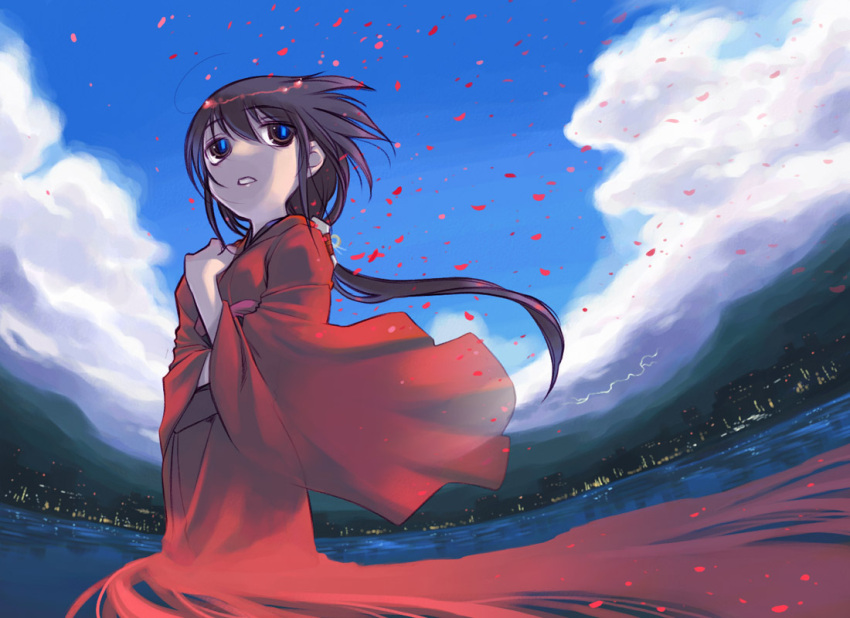 cherry_blossoms city cloud clouds fisheye japanese_clothes kimono kurame kusari_hime:_euthanasia lightning long_hair looking_up nakamura_tetsuya petals ponytail reflection sky skyline wading water