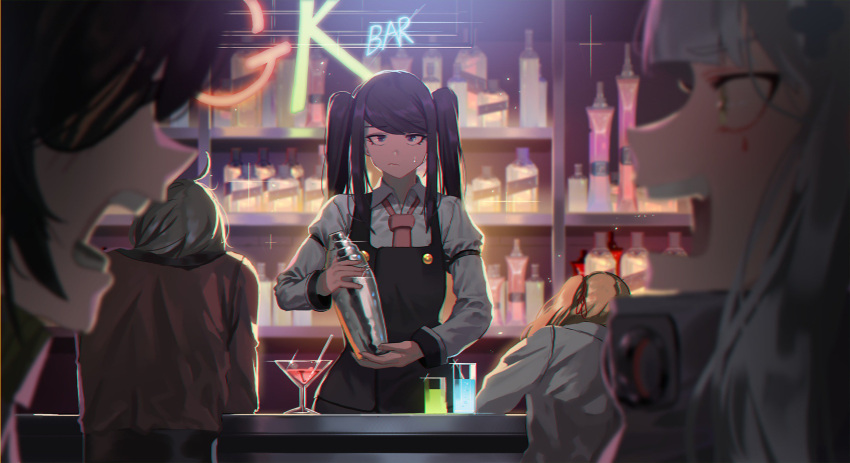 5girls ahoge alternate_costume apron bangs bartender blunt_bangs breasts closed_mouth cocktail cocktail_glass collared_shirt cup drinking_glass eyebrows_visible_through_hair eyepatch facial_mark girls_frontline glass glint green_eyes grey_hair hair_between_eyes hair_ornament head_on_hand helianthus_(girls_frontline) highres hk416_(girls_frontline) holding_shaker ihobus indoors kalina_(girls_frontline) large_breasts long_hair looking_at_viewer m16a1_(girls_frontline) martini military military_uniform multiple_girls necktie open_mouth scar scar_across_eye shaker shirt shouting sidelocks silver_hair sweatdrop teardrop twintails uniform very_long_hair wa2000_(girls_frontline)