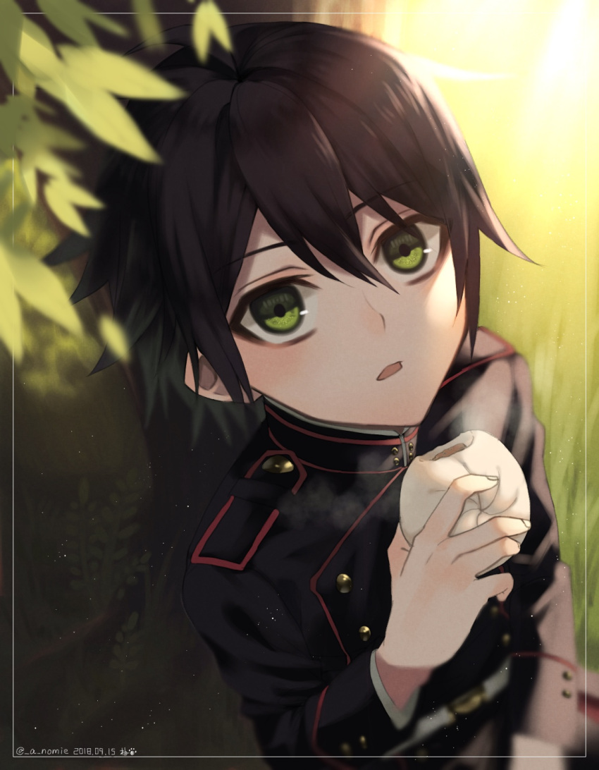 1boy 2018 black_hair black_jacket dated eyebrows_visible_through_hair food green_eyes hair_between_eyes highres holding holding_food hyakuya_yuuichirou jacket kiri_ph long_sleeves looking_at_viewer male_focus military military_jacket military_uniform open_mouth owari_no_seraph solo twitter_username uniform upper_body