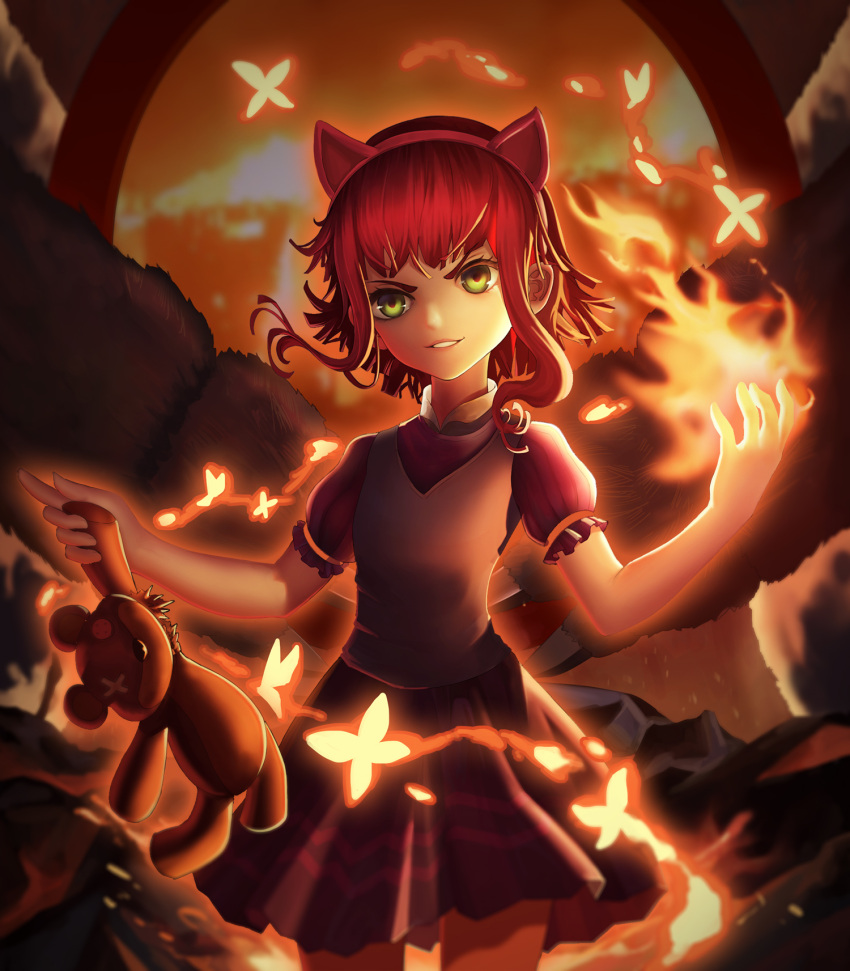 1girl animal_ears annie_hastur backpack bag button_eyes cat_ears estcc fake_animal_ears fire green_eyes hand_up highres league_of_legends looking_at_viewer multiple_girls redhead short_hair short_hair_with_long_locks short_sleeves skirt standing stuffed_animal stuffed_toy teddy_bear tibbers