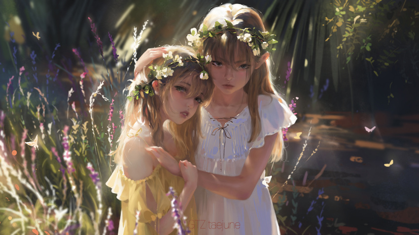 2girls artist_name bangs bare_shoulders blonde_hair blue_eyes bug butterfly closed_mouth day dress flower forest g-tz hair_between_eyes hand_on_another's_shoulder highres hug insect light_rays lips long_hair looking_at_viewer multiple_girls nature original outdoors parted_lips standing sunbeam sunlight white_dress yellow_dress