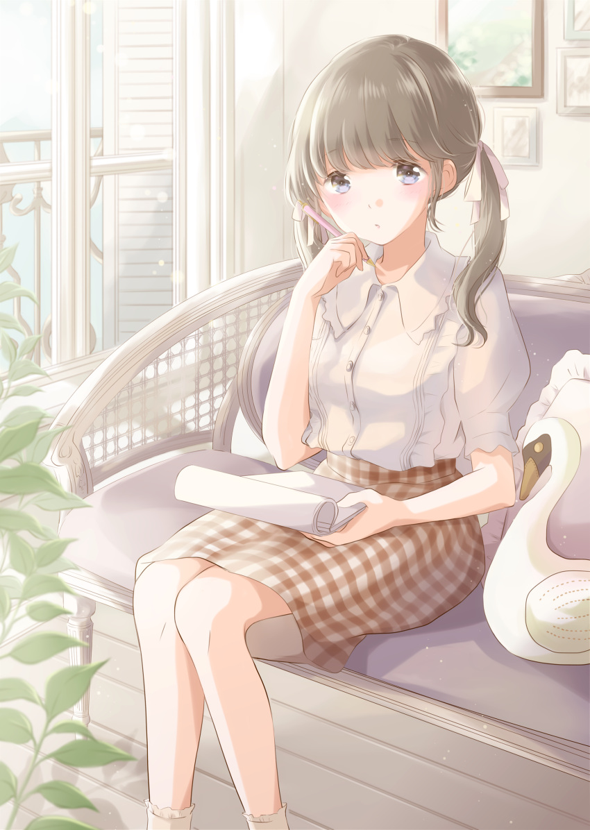 1girl :o absurdres balcony bangs bird blue_eyes blush bobby_socks brown_hair checkered checkered_skirt commentary_request couch day eyebrows_visible_through_hair feet_out_of_frame hair_ribbon highres holding holding_notepad holding_pen hoshiibara_mato indoors ironwork knees_together_feet_apart notepad on_couch original pen picture_(object) railing red_skirt ribbon shirt short_hair short_sleeves shutter sitting skirt socks solo stuffed_animal stuffed_toy swan twintails white_legwear white_shirt window