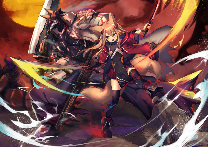 1boy 1girl animal_ears armor battle black_legwear blonde_hair blurry blurry_background boots breasts covered_navel dual_wielding facing_viewer fox_ears fox_tail green_eyes gun gunblade haik hair_ornament highres holding holding_gun holding_weapon jacket katana kokonoe_tsubaki leotard long_hair multiple_tails open_clothes open_jacket original pelvic_curtain small_breasts sword tail thigh-highs weapon