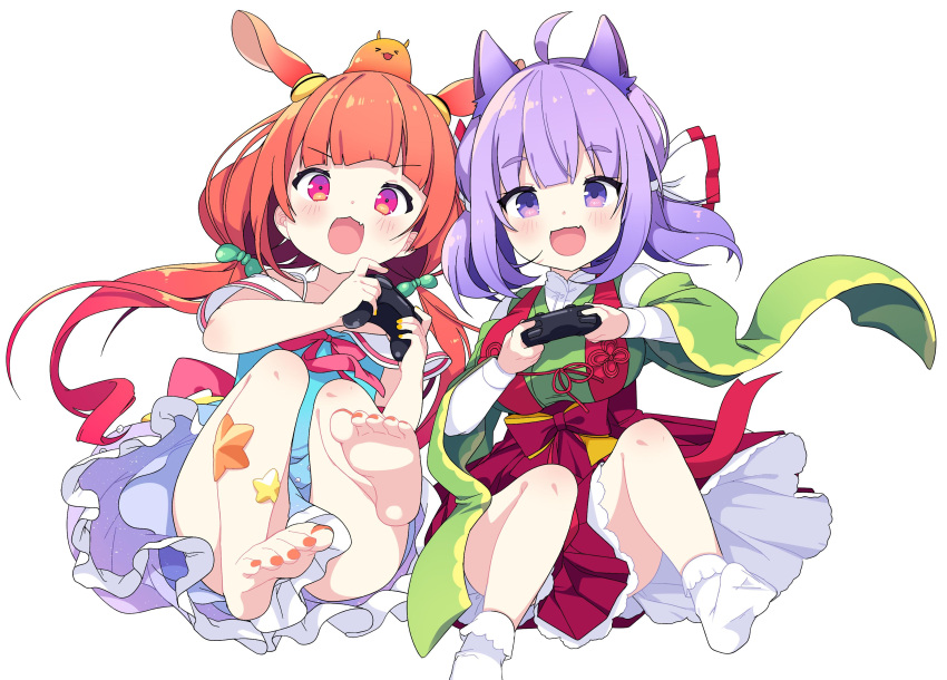 2girls :d absurdres ahoge animal_ears bare_shoulders blue_dress blush bobby_socks bow brown_hair character_request collarbone controller dress dress_shirt fang feet game_controller green_bow green_kimono hair_bow highres holding japanese_clothes kimono komari_channel legs long_hair low_twintails multiple_girls no_shoes open_mouth orange_nails pleated_skirt purple_hair red_skirt sailor_collar sakura_komari shiika_yuno shirt simple_background skirt smile socks soles suspender_skirt suspenders toenail_polish toenails twintails very_long_hair violet_eyes virtual_youtuber white_background white_bow white_legwear white_sailor_collar white_shirt