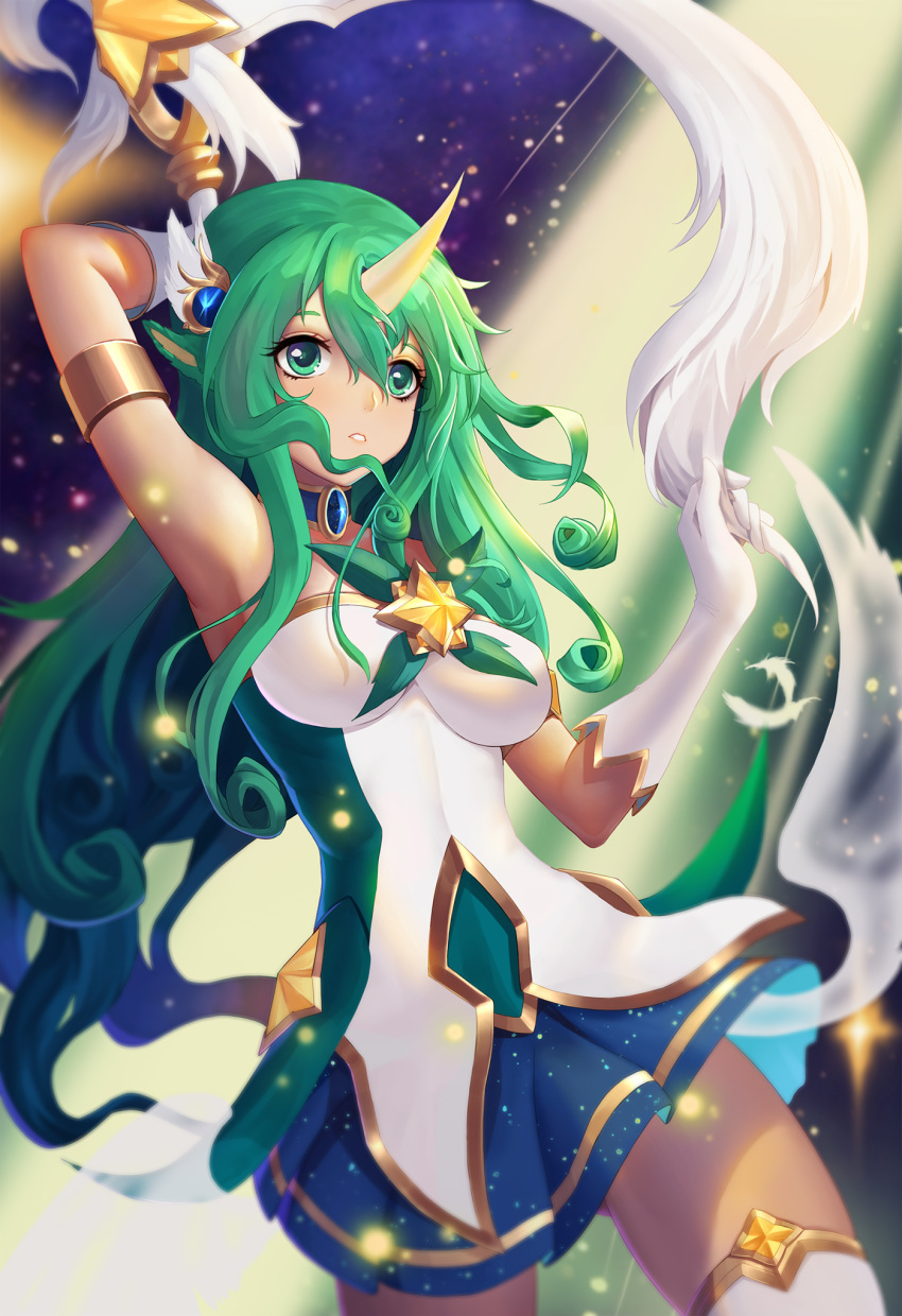 1girl alternate_costume alternate_hair_color animal_ears arm_up armlet bare_shoulders blue_choker breasts choker estcc gloves green_eyes green_hair hair_ornament highres holding holding_staff horn league_of_legends long_hair looking_at_viewer magical_girl medium_breasts pointy_ears skirt solo soraka staff standing star_guardian_(league_of_legends) star_guardian_soraka thigh-highs very_long_hair white_gloves