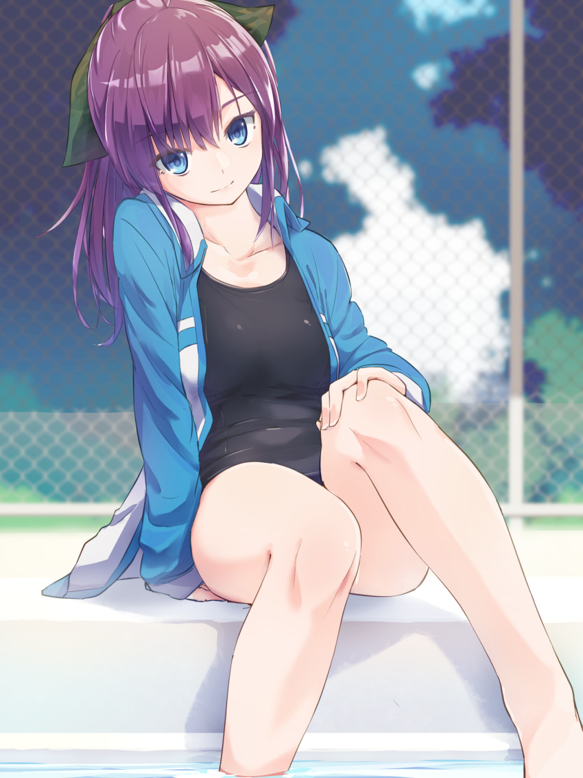 1girl bare_legs black_swimsuit blue_eyes blue_jacket blurry blurry_background breasts chain-link_fence character_request collarbone commentary_request day depth_of_field fence green_ribbon hair_ribbon head_tilt highres jacket long_hair long_sleeves looking_at_viewer one-piece_swimsuit open_clothes open_jacket outdoors ponytail power_pro_appli purple_hair rb2 ribbon smile solo swimsuit thighs water