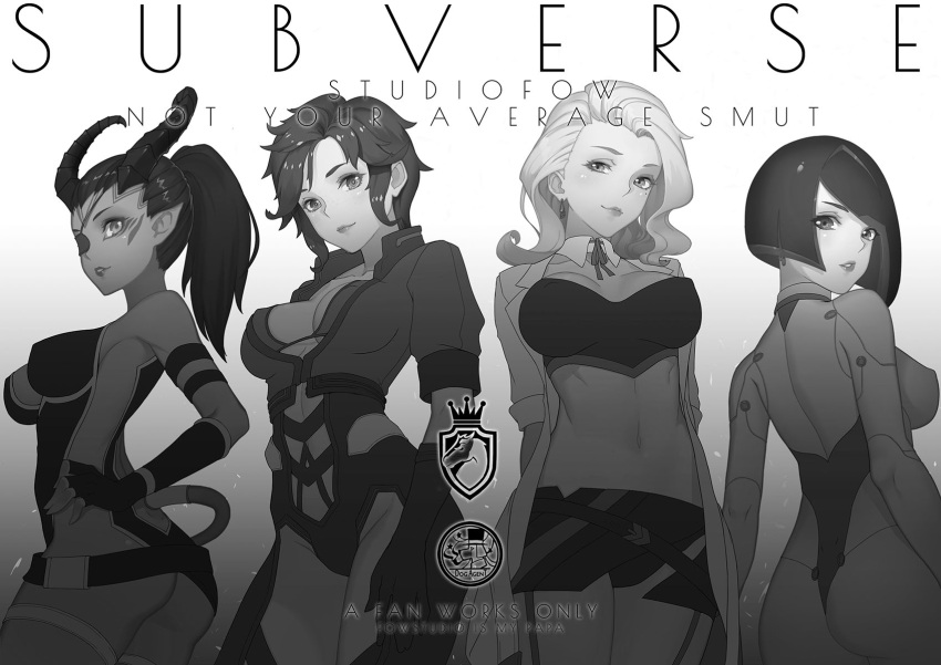 4girls alien android animal_ears arms_behind_back ass asymmetrical_hair bangs bare_shoulders breasts copyright_name covered_nipples dark_skin demi_(subverse) demon_horns detached_sleeves earrings fortune_(subverse) from_behind from_side gloves greyscale hand_on_hip highres horns jacket jewelry killision labcoat lanyaojun large_breasts leotard lily_(subverse) lips long_hair looking_at_viewer looking_back medium_hair midriff miniskirt monochrome multiple_girls navel necktie parted_lips pointy_ears ponytail robot_joints short_hair simple_background skirt smile subverse tail thigh-highs thighs tiara white_background