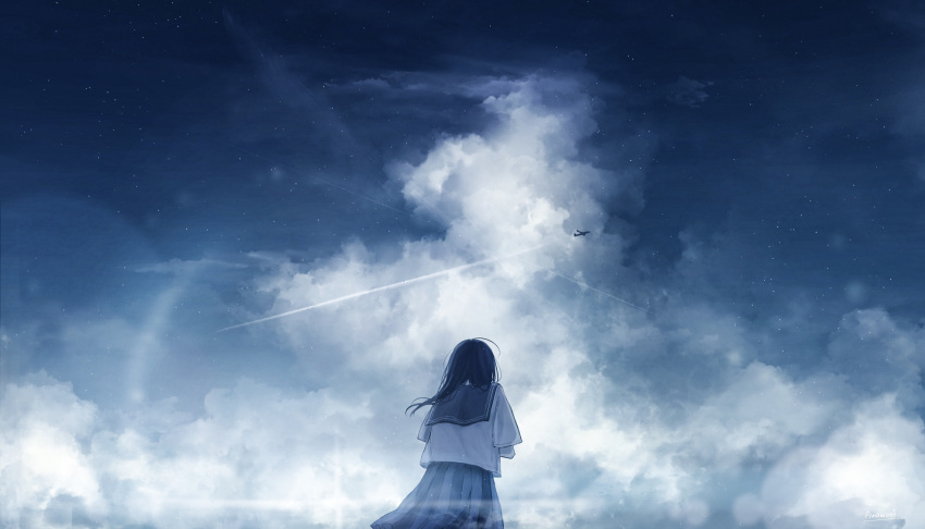 1girl absurdres aircraft airplane amenomori_howa black_hair blue_theme clouds cloudy_sky commentary condensation_trail dark from_behind from_below highres lens_flare long_hair night night_sky original scenery school_uniform serafuku sky solo star_(sky)