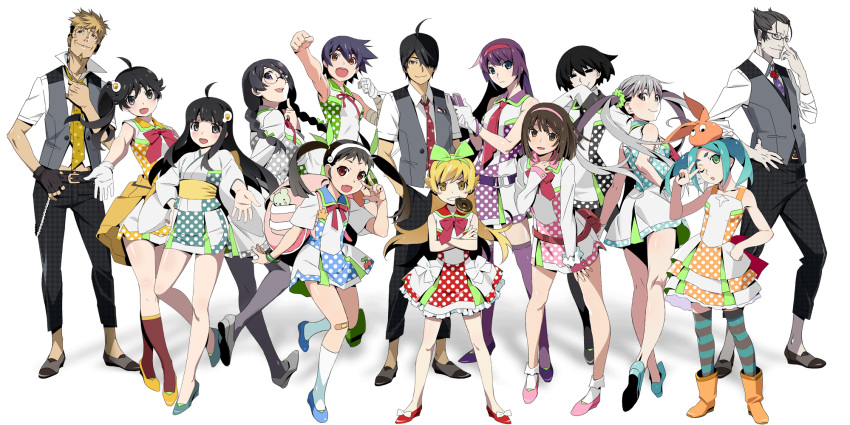 2boys ahoge araragi_karen araragi_koyomi araragi_tsukihi black_hair blonde_hair everyone hachikuji_mayoi hanekawa_tsubasa highres kaiki_deishuu kanbaru_suruga monogatari_(series) monogatari_fes_~10th_anniversary_story~ multiple_boys multiple_girls official_art oikura_sodachi ononoki_yotsugi oshino_meme oshino_ougi oshino_shinobu purple_hair sengoku_nadeko senjougahara_hitagi short_hair tied_hair twintails watanabe_akio