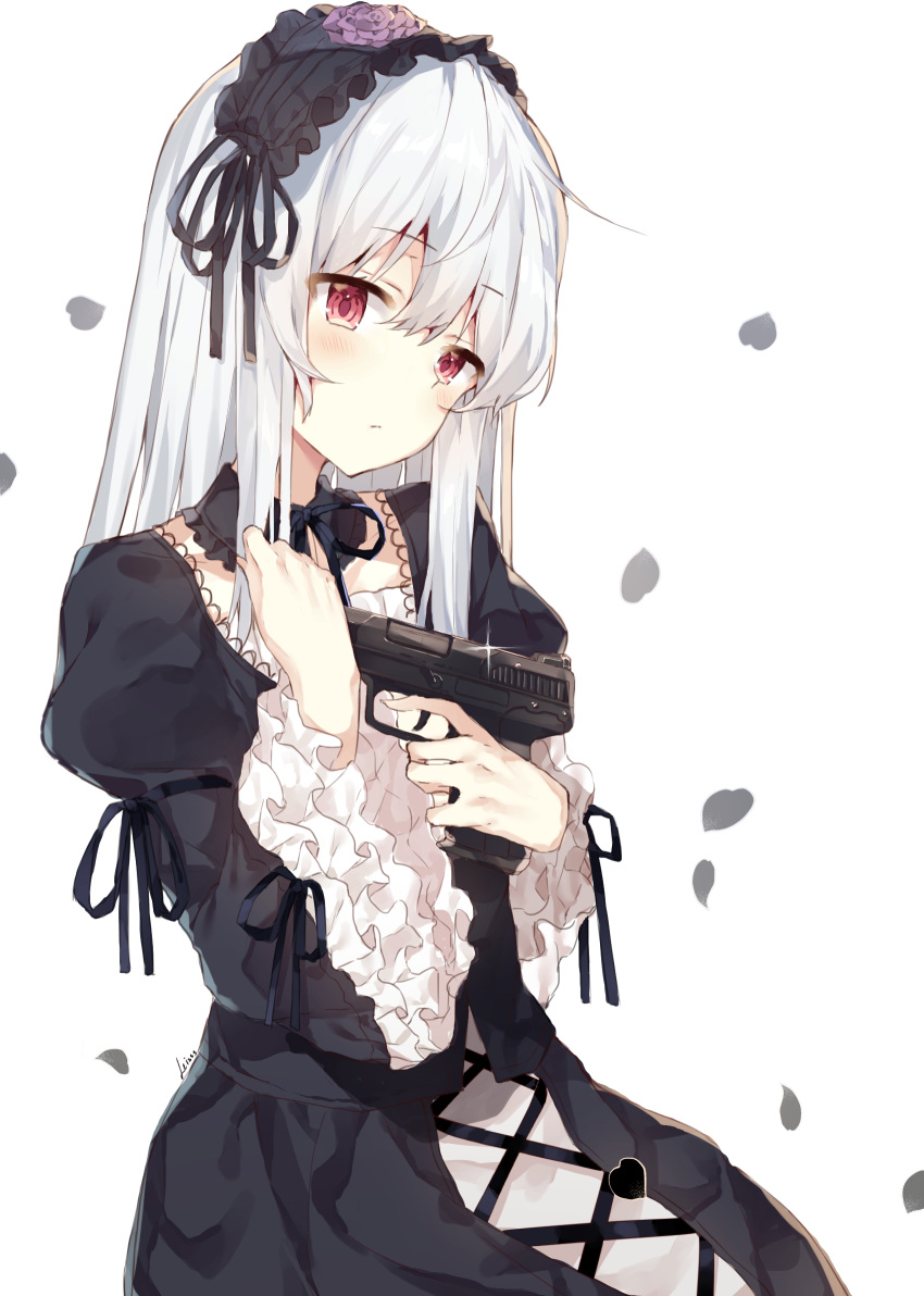 1girl bangs black_dress black_hairband black_ribbon blush closed_mouth commentary_request dress eyebrows_visible_through_hair flower frilled_hairband frills gothic_lolita gun hair_between_eyes hairband handgun highres holding holding_gun holding_weapon juliet_sleeves leisss lolita_fashion lolita_hairband long_hair long_sleeves petals pistol puffy_sleeves purple_flower purple_rose red_eyes ribbon rose rozen_maiden signature silver_hair simple_background solo suigintou weapon weapon_request white_background wide_sleeves